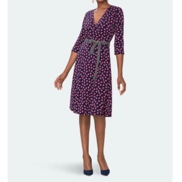Leota Womens Strawberry Patch Perfect Wrap Dress Blue Red Belted size Small - Picture 1 of 14